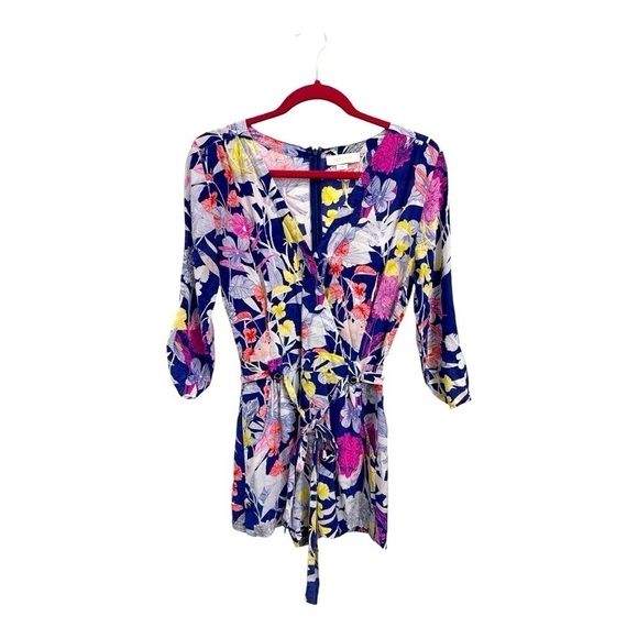 Yumi Kim Blue Floral Silk "Liz" Romper 3/4 Sleeve Silk With Pockets size xS - Picture 5 of 17